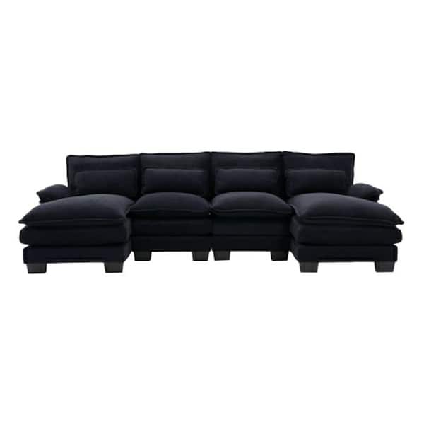 108 in. Modern Chenille 4-Piece U-Shaped Sectional Sofa With Double Chaise And Pillow Back in. Black