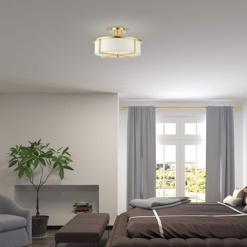 Satin Brass and Glass 3-Light Drum Semi-Flush Mount