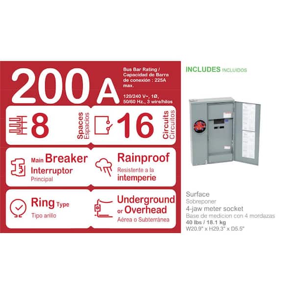Homeline 200 Amp 8-Space 16-Circuit Outdoor Ring-Type Surface Mount Solar-Ready Main Breaker Plug-On Neutral CSED
