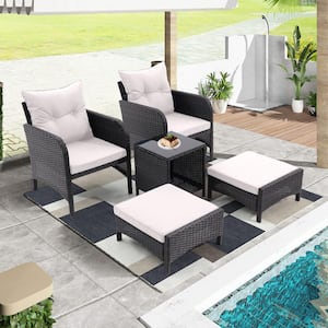 5-Piece Wicker Outdoor Bistro Set of 1Table and 2-Chairs, All Weather PE Rattan Conversation Bar Set with Beige Cushions