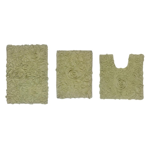 Bell Flower Collection 100% Cotton Tufted Bath Rug, 3-Pcs Set with Contour-Green