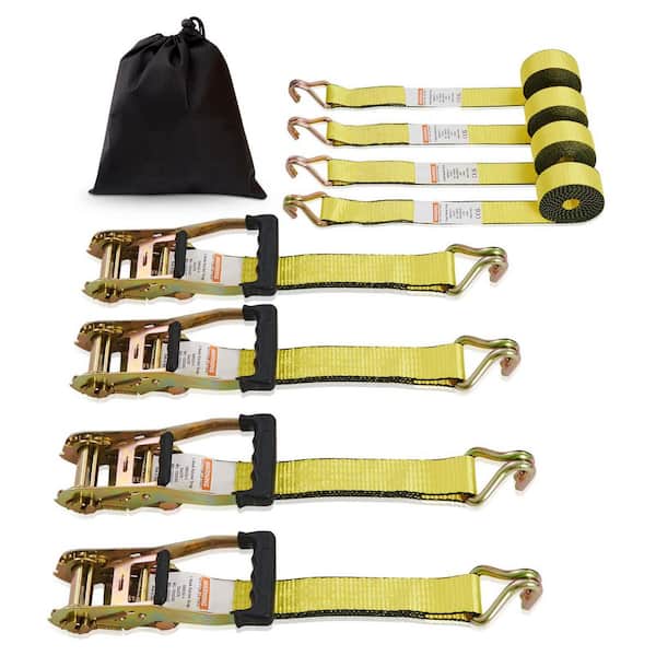 Ratchet Tie Down Straps (4PK), 5000 lb. Break Strength, Double J Hook Includes 4 Premium 2in. x 15ft. Rachet Tie Downs