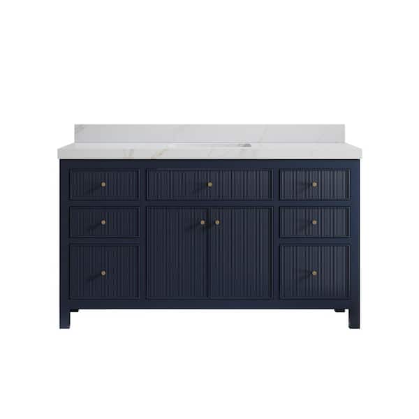 Willow Collections Sonoma 60 in. Single Sink Freestanding Navy Blue Bath Vanity with Calacatta Sienna Qt. Top Unassembled