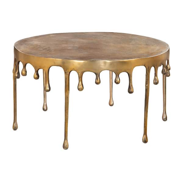 Drip Collection 31.9 in. Antique Brass Round Metal Aluminum Top Coffee Table