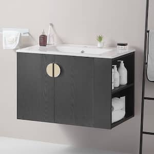 30 in. W x 18.3 in. D x 19.6 in. H Floating Bath Vanity in Black with White Ceramic Top and Right Open Storage Shelf