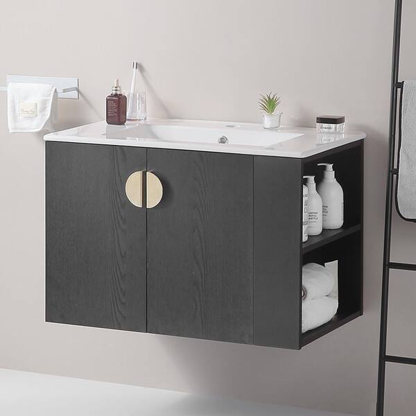 ANGELES HOME 30 in. W x 18.3 in. D x 19.6 in. H Floating Bath Vanity in Black with White Ceramic Top and Right Open Storage Shelf