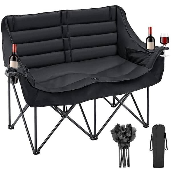 XXXL Oversized 2 Person Fully Padded Camping Chair Portable Folding Double Seated Camping Chair with Side Pocket, Black