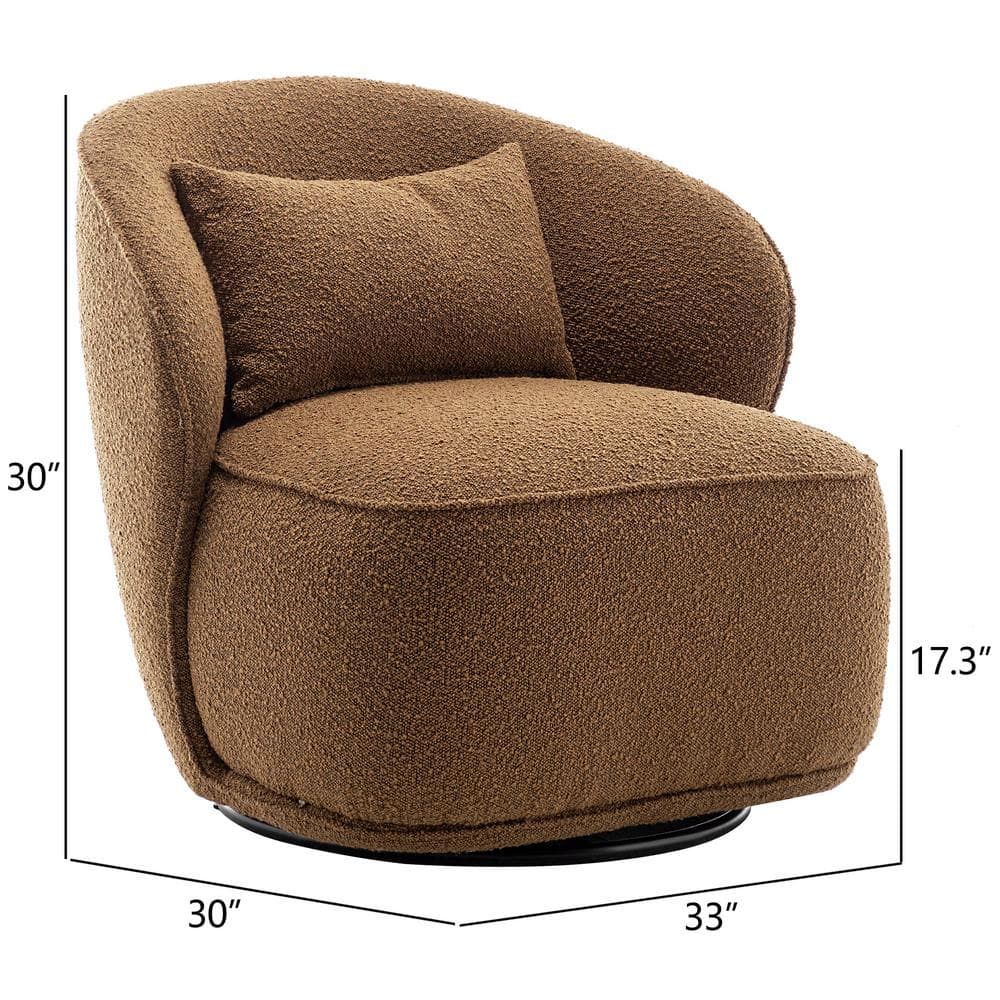 Camel Boucle Upholstered Swivel Barrel Chair with Solid Wood Frame