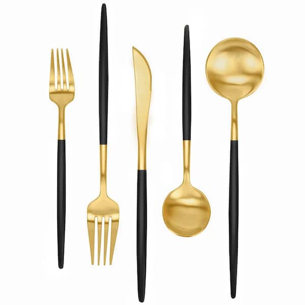 Unbranded 30-Piece Stainless Steel Flatware Serving Set-Matte Black Gold Service for 6, Satin Finished Polished, Dishwasher Safe