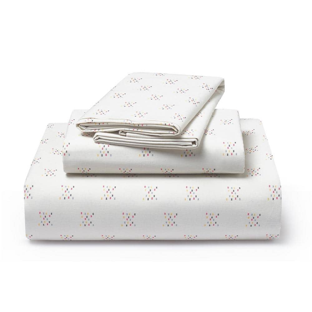 Cream Cotton Percale Twin Sheet Set with Geometric Print