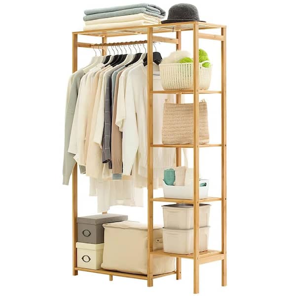 HOMCOM Bamboo Garment Rack, Clothes Rack with Storage Shelf