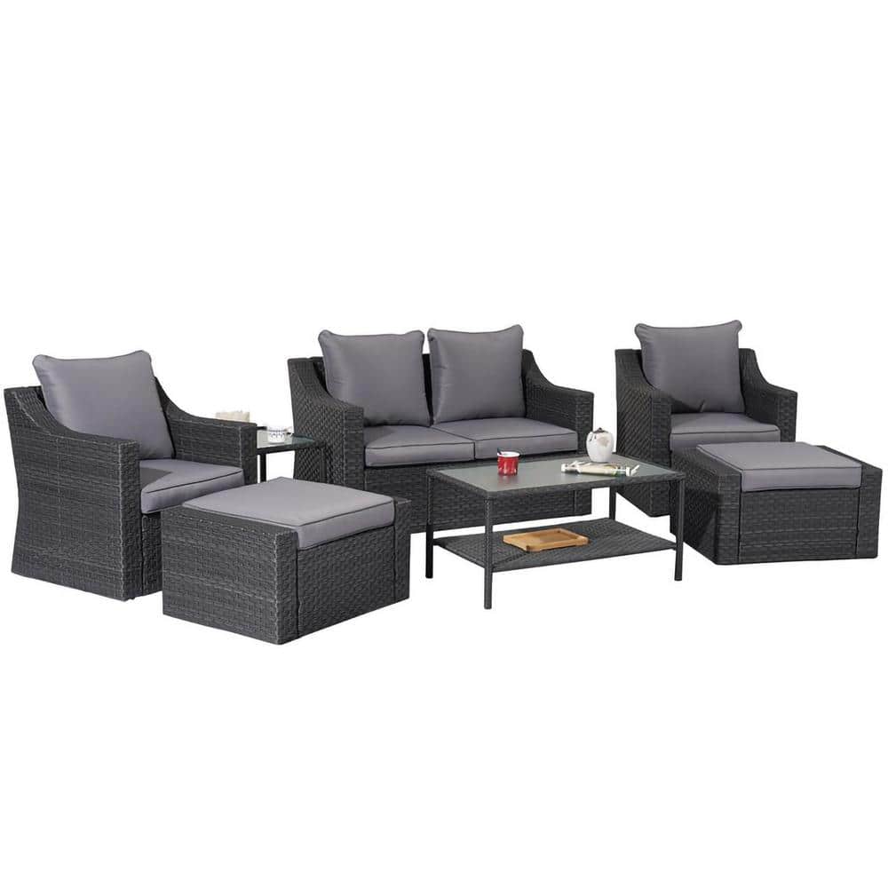 Black 7-Piece PE Wicker Outdoor Sectional Furniture Sofa Set with Gray Cush