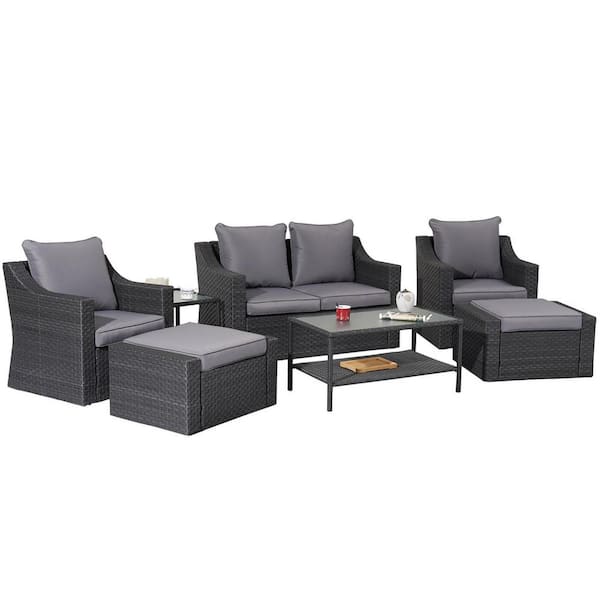 Anvil Black 7-Piece PE Wicker Outdoor Sectional Furniture Sofa Set with Gray Cushion Patio Rattan Conversation Set