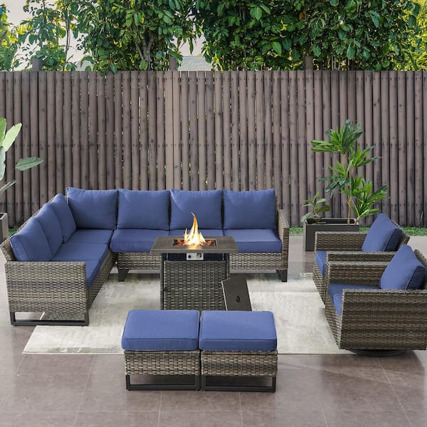 Gymojoy Valenta Gray 6-Piece Wicker Patio Fire Pit Sectional Seating Set with Blue Cushions