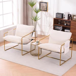 Set of 2 Gold-Plated Upholstered Hanging Armchair Metal Frame Side Chair with Pockets,Crushed Foam Cushions,Beige