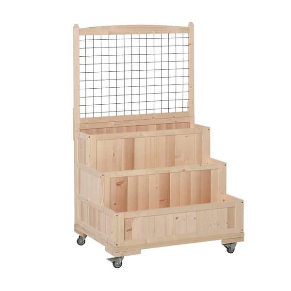 53 x 24.5 x 31.5 in. 3-Tier Wood Raised Bed Garden Planter Kit with Trellis, Wheels for Outdoor, Beige