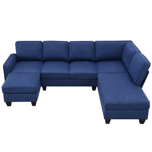 Polibi 104.30 in. Polyester L-Shaped Sectional Sofa in. Blue with Chaise Lounge and Convertible Ottoman