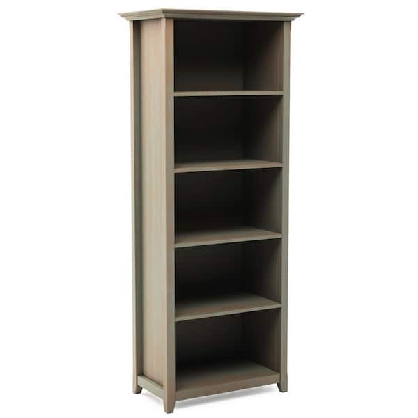 Simpli Home Amherst 70 in. Distressed Gray Wood 5-shelf Standard Bookcase with Adjustable Shelves