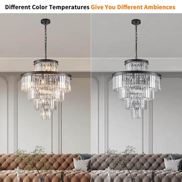 5-Tier 15-light Black Crystal Chandelier for Living Room and Kitchen Island with No Bulbs Included