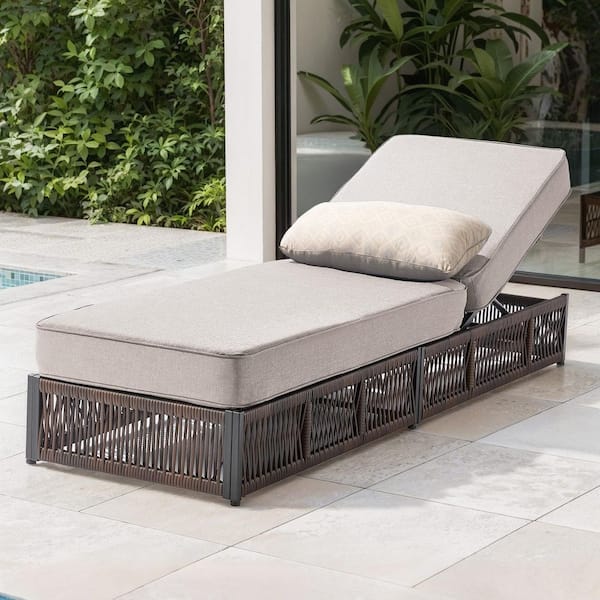 ArcLine Brown 1-Piece Wicker Chaise Lounge with 5 in. Thick Olefin Beige Cushions Patio Lounge Chair for Sunroom Balcony