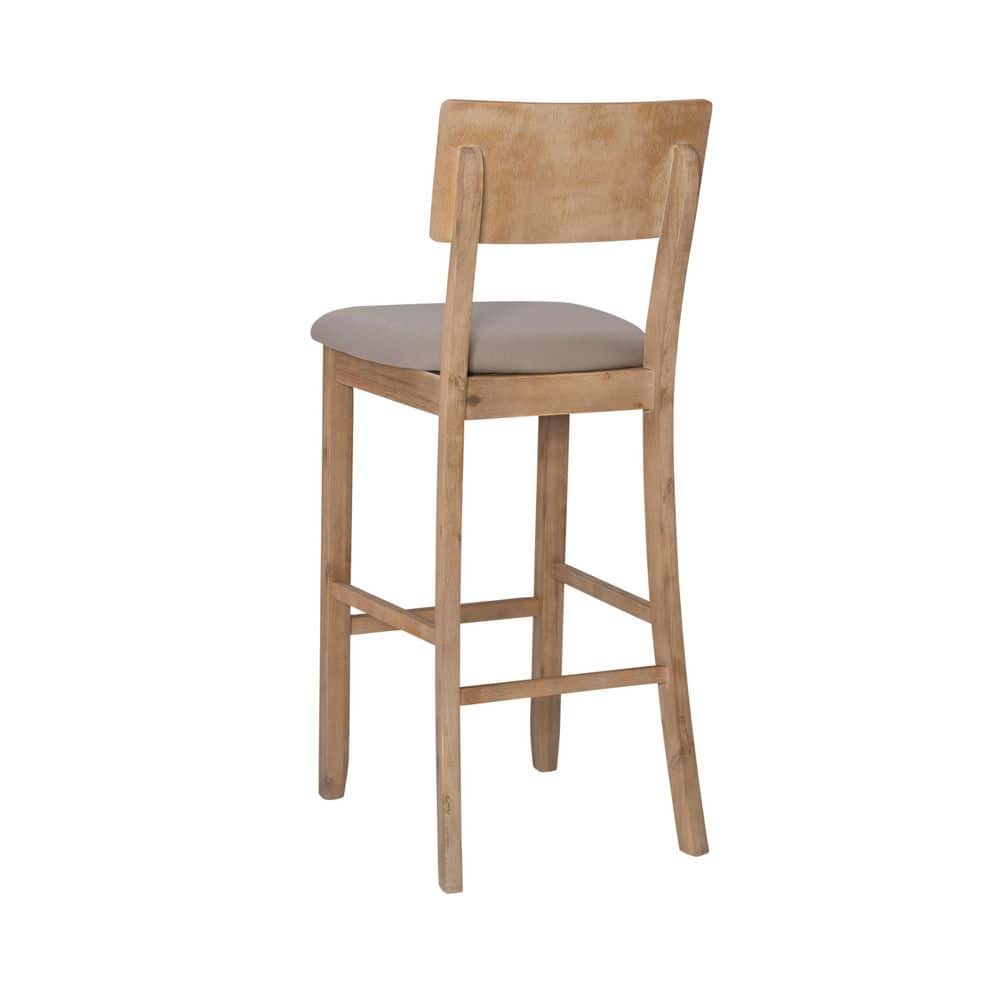 Rustic Gray Wash 46" Acacia Wood Bar Stool with Light Gray Linen Cushion