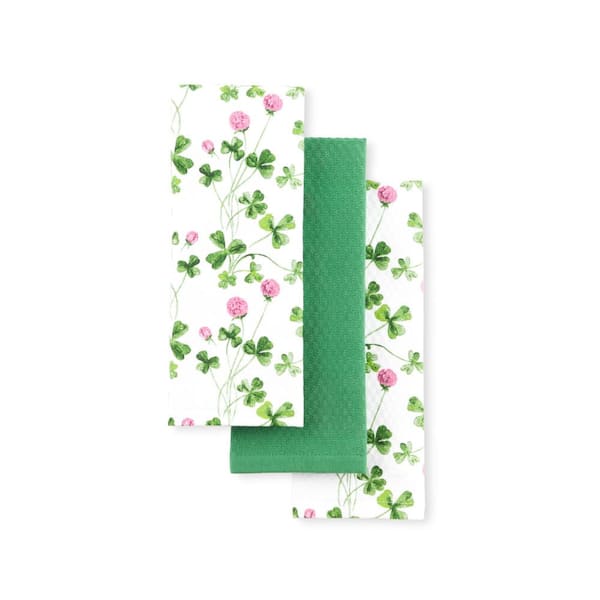 MARTHA STEWART Clover Meadow 16" in. x 28" in. White/Green Cotton Floral Kitchen Towels (Set of 3)