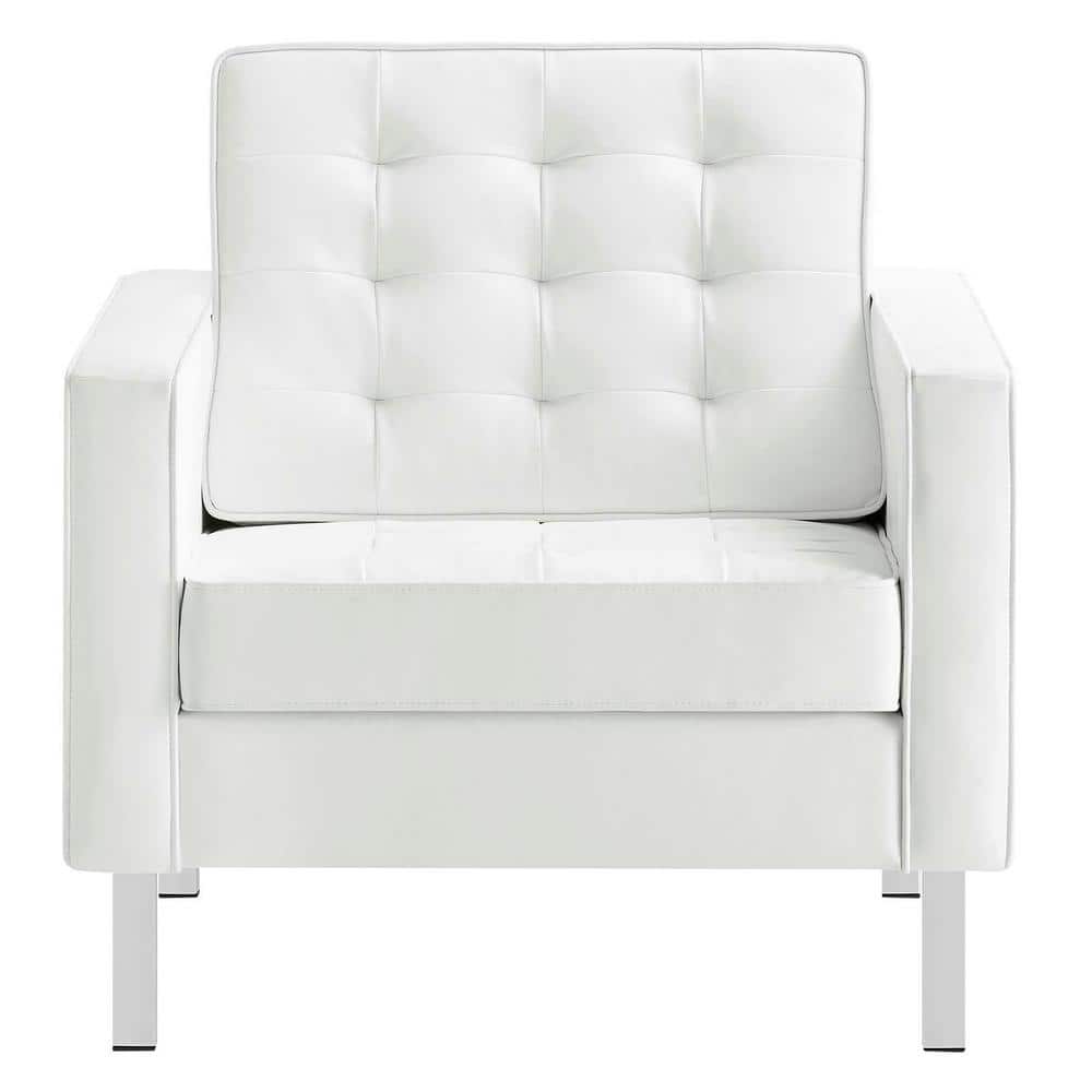 Silver White Faux Leather Accent Chair with Metal Frame