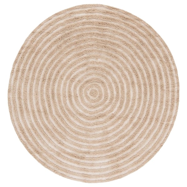 Easy Care 5 ft. x 5 ft. Beige/Ivory Machine Washable High-Low Swirl Solid Round Area Rug