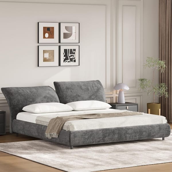 Hargs Contemporary Adjustable Cushions Headboard Dark Gray Fabric Fabric Upholstered Wood Frame King Size Platform Bed