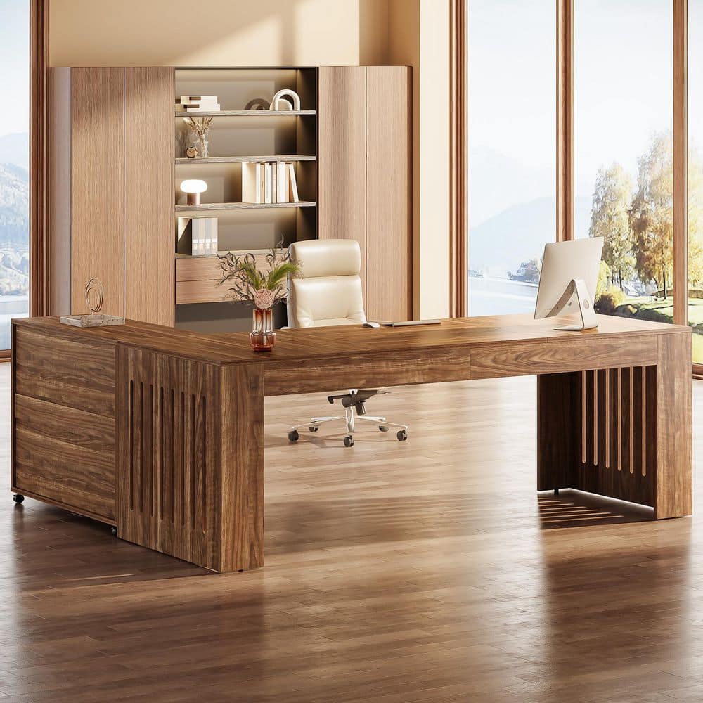 Capen 71in. Walnut Long Executive Desk with Movable File Cabinet,Mid Century Modern Home Office Desk for Working,Writing price history on PriceWatchPro