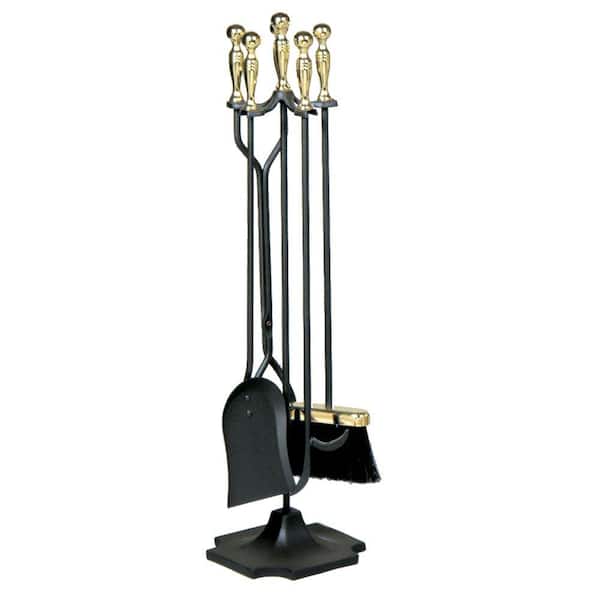 UniFlame Polished Brass and Black Finish 5-Piece Fireplace Tool Set with Heavy Weight Steel and Cast Iron Construction