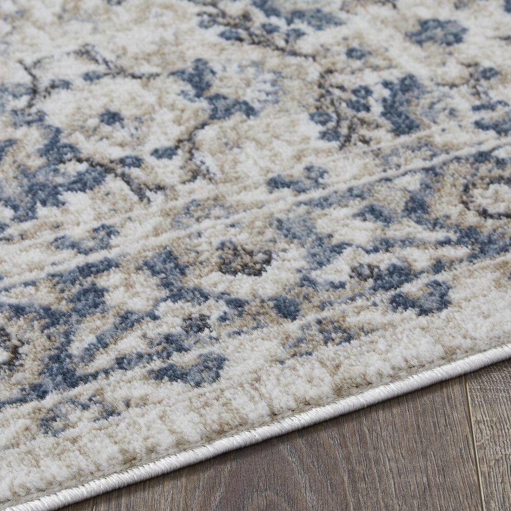 Cream and Blue Floral Border 6' x 9' Synthetic Area Rug