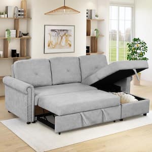 83.1 in. Width Gray Polyester Convertible Sectional 3-Seats Sleeper Sofa with Storage Space