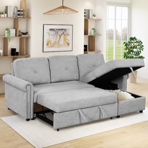 Harper & Bright Designs 83.1 in. Width Gray Polyester Convertible Sectional 3-Seats Sleeper Sofa with Storage Space