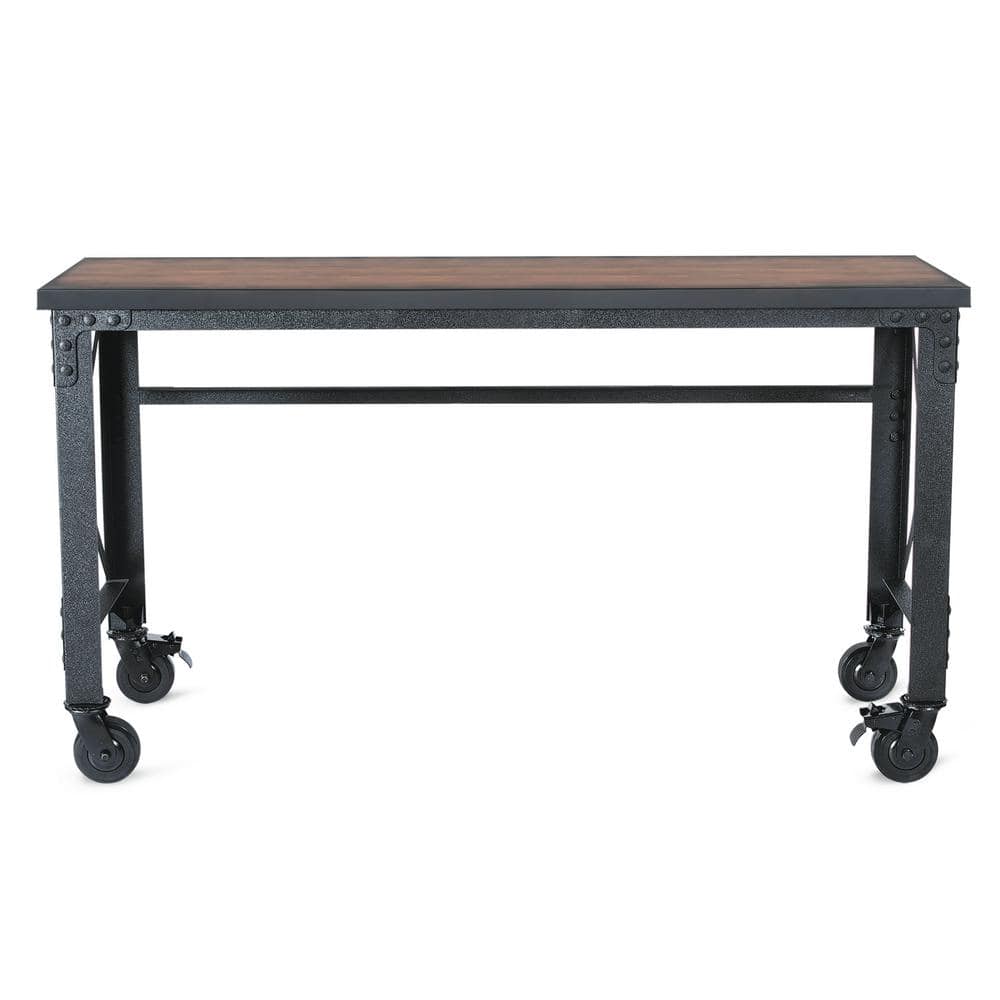 Dark Brown Wood and Metal Industrial Desk with Casters