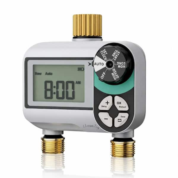 2 Zone Programmable Brass Hose Faucet Timer with Waterproof LCD Screen Rain Delay Manual Auto Irrigation