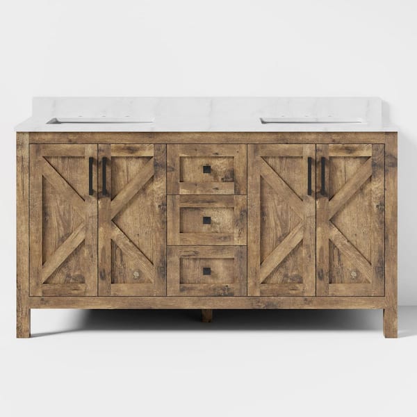 60 in. W x 22 in. D x 33.5 in. H 2-Sink Freestanding Bath Vanity in Walnut with White Engineered stone Top (Assembled)