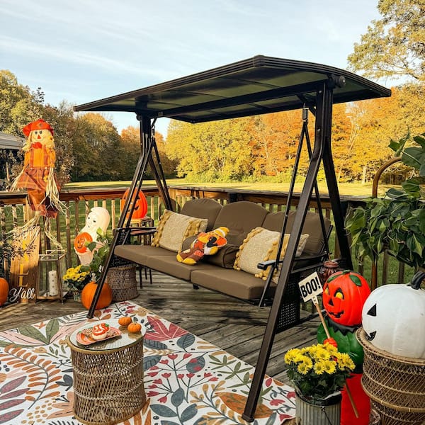 Patio 3-seat Adjustable PVC Canopy Porch Swing with Side Cup Holder, Cushions and Pillow Included, Beige