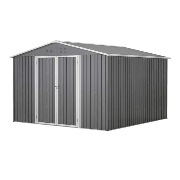 10 x 10 FT Grey Large Metal Tool Sheds with Updated Frame Structure and Lockable Doors for Outdoor Storage