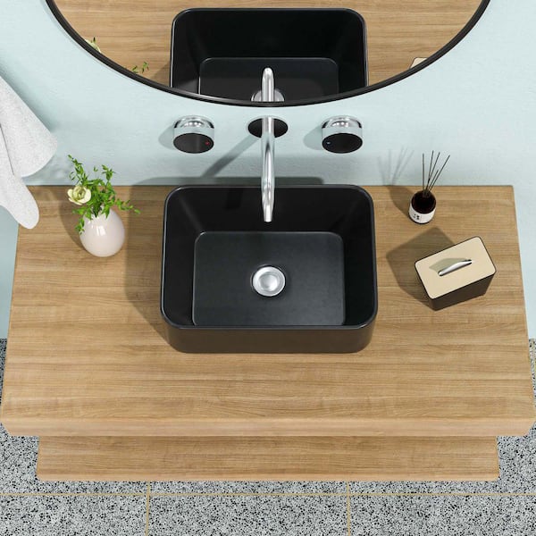 16 in. Farmhouse 1-Bowl in Black Ceramic Rectangular Vessel Bathroom Sink, Modern 16 in. x 12 in. Farmhouse Kitchen Sink