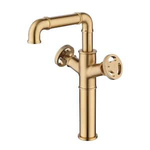 Double Handle Bathroom Vessel Sink Faucet Brass Modern Single Hole High Tall Body Faucets in Brushed Gold