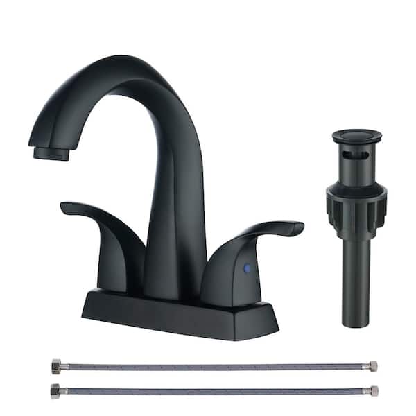 WOWOW 4 in. Center set Double-Handle Bathroom Faucet, High-Arc Bathroom Sink Faucet with Pop Up Drain in Matte Black
