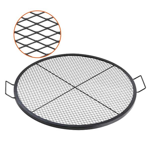 X-Marks Fire Pit Grill Grate, Round Cooking Grate, Heavy Duty Steel Campfire BBQ Grill Grid with Handle and Support