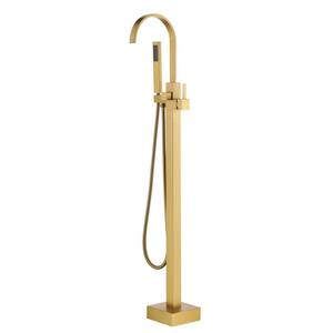 Single-Handle Floor Mounted Bathtub Faucet High Flow Bathroom Tub Filler with Hand Shower in Brushed Brass