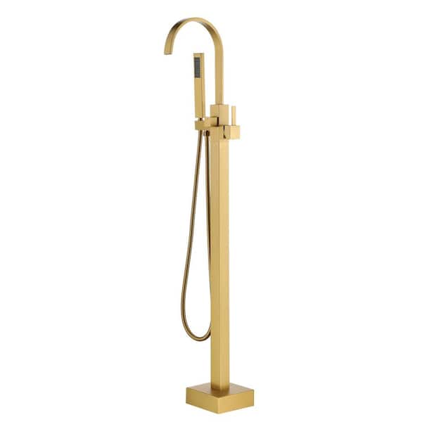 CASAINC Single-Handle Floor Mounted Bathtub Faucet High Flow Bathroom Tub Filler with Hand Shower in Brushed Brass