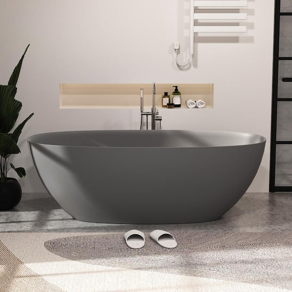 INSTER 65 in. x 29.5 in. Thin Edge Solid Surface Stone Resin Flatbottom Soaking Bathtub in Matte Gray