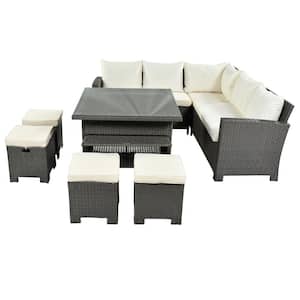8-Piece Wicker Outdoor Dining Set Gray with Beige Cushion
