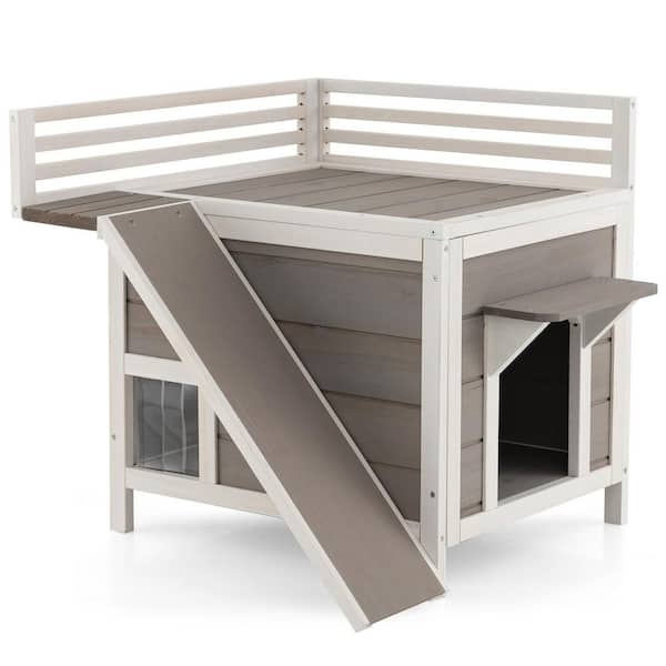 FORCLOVER Outdoor Wooden Feral Cat House with Balcony and Slide
