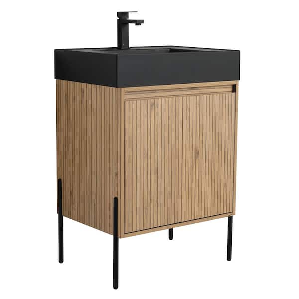 FINE FIXTURES Crownpoint 24 in. Freestanding Single Bright Oak Bathroom Vanity with Black Acrylic Sink Top Unassembled