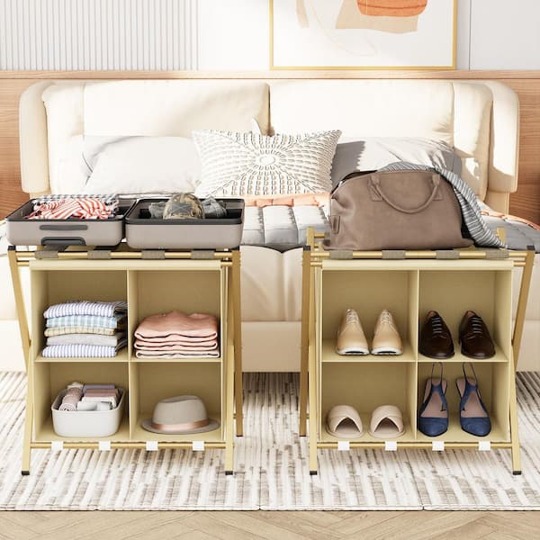 Numhew Gold Luggage Rack with Storage, Folding Suitcase Stands